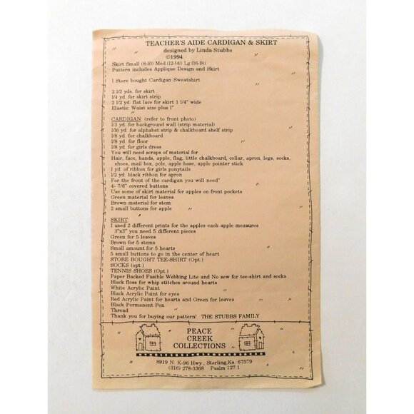 Teachers Aid Cardigan Skirt Sewing Pattern No 37 S M L Peace Creek Collections - Picture 3 of 3